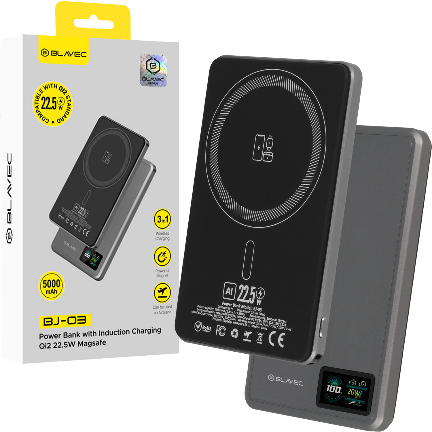 Blavec Power Bank 5000mAh BJ-03 Ultra Slim 7,8mm - Type C - 22,5W mágneses Magsafe 3 az 1-ben (PBBJ03-MC5G) szürke,-0