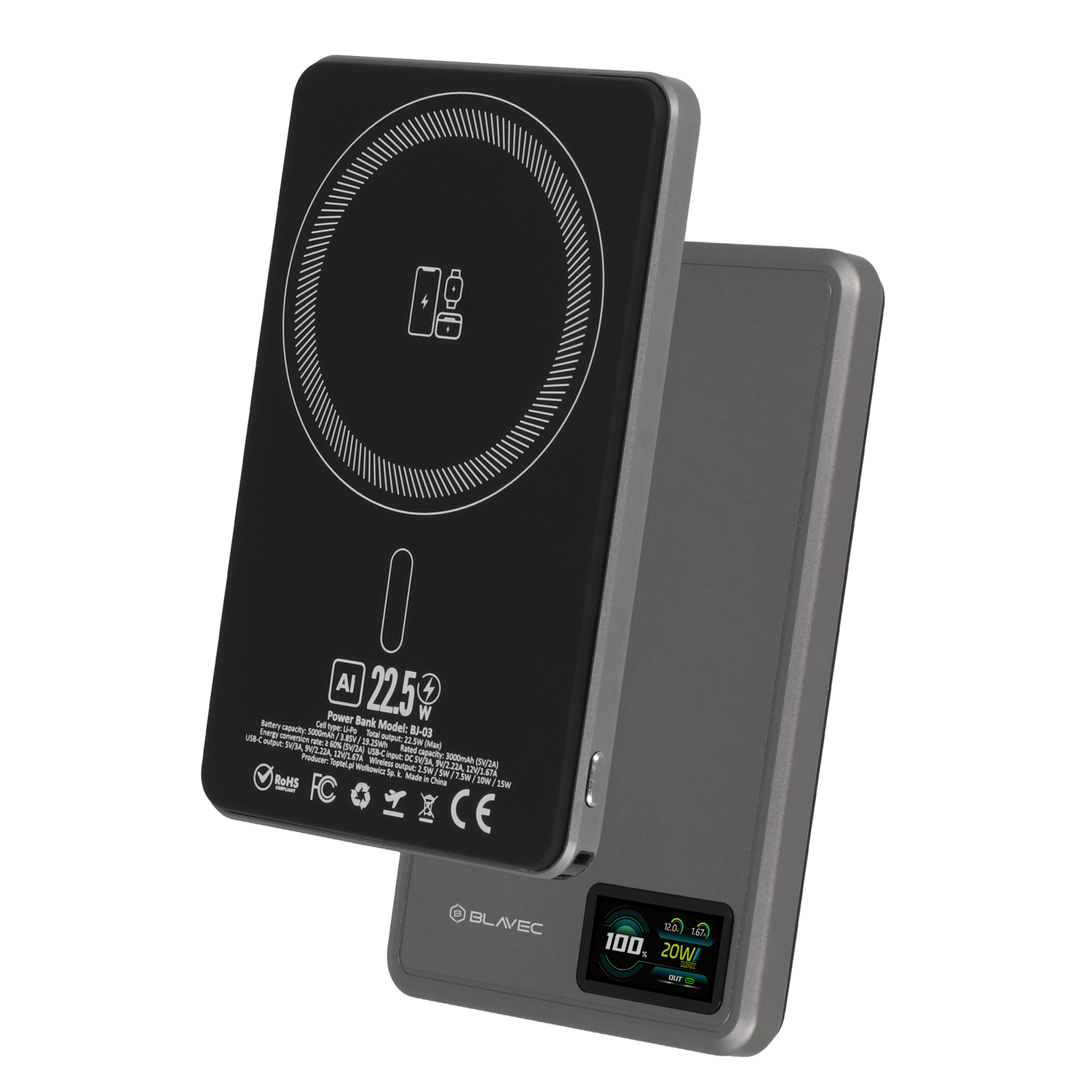 Blavec Power Bank 5000mAh BJ-03 Ultra Slim 7,8mm - Type C - 22,5W mágneses Magsafe 3 az 1-ben (PBBJ03-MC5G) szürke,-15