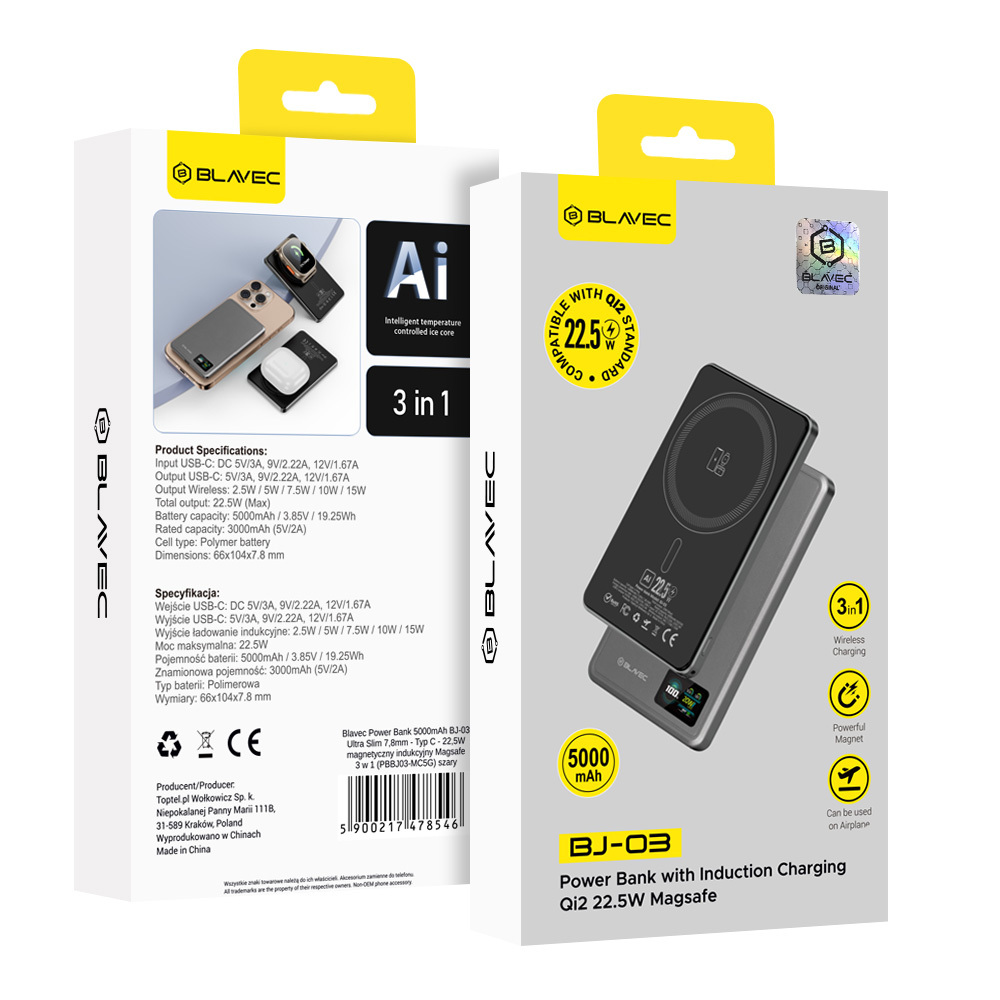 Blavec Power Bank 5000mAh BJ-03 Ultra Slim 7,8mm - Type C - 22,5W mágneses Magsafe 3 az 1-ben (PBBJ03-MC5G) szürke,-16