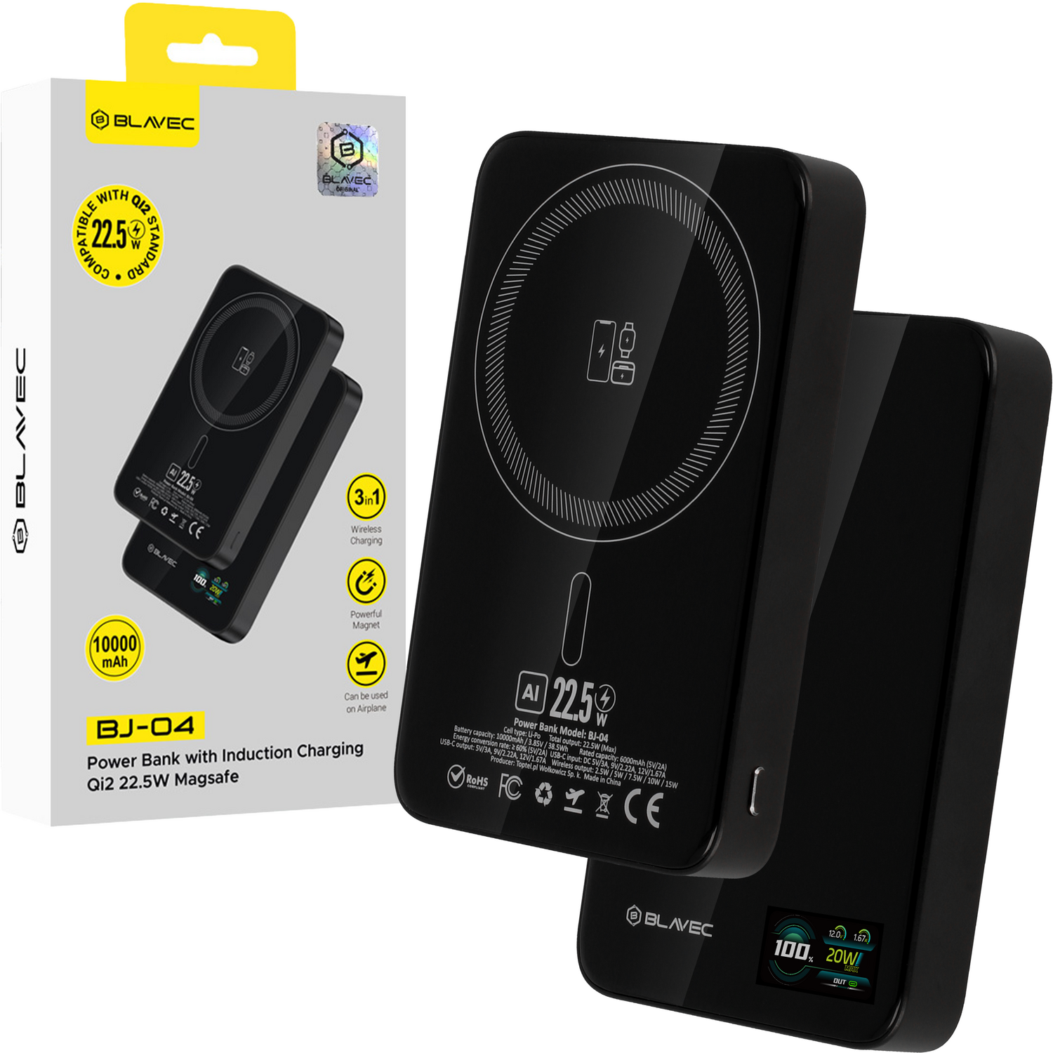 Blavec Power Bank 10000mAh BJ-04 Slim 13,5mm - Type C - 22,5W mágneses Magsafe 3 az 1-ben (PBBJ04-MC10B) fekete-0