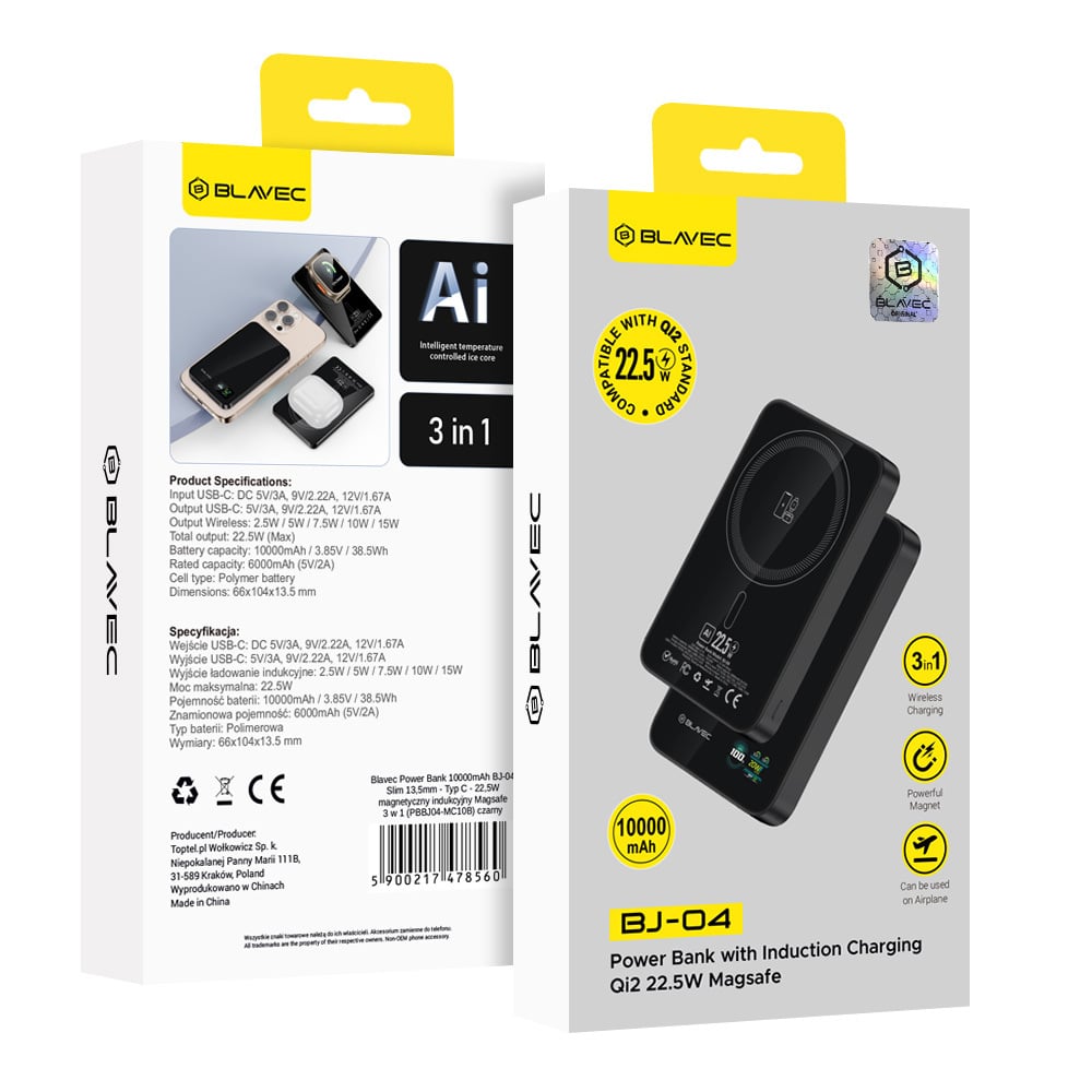 Blavec Power Bank 10000mAh BJ-04 Slim 13,5mm - Type C - 22,5W mágneses Magsafe 3 az 1-ben (PBBJ04-MC10B) fekete-6