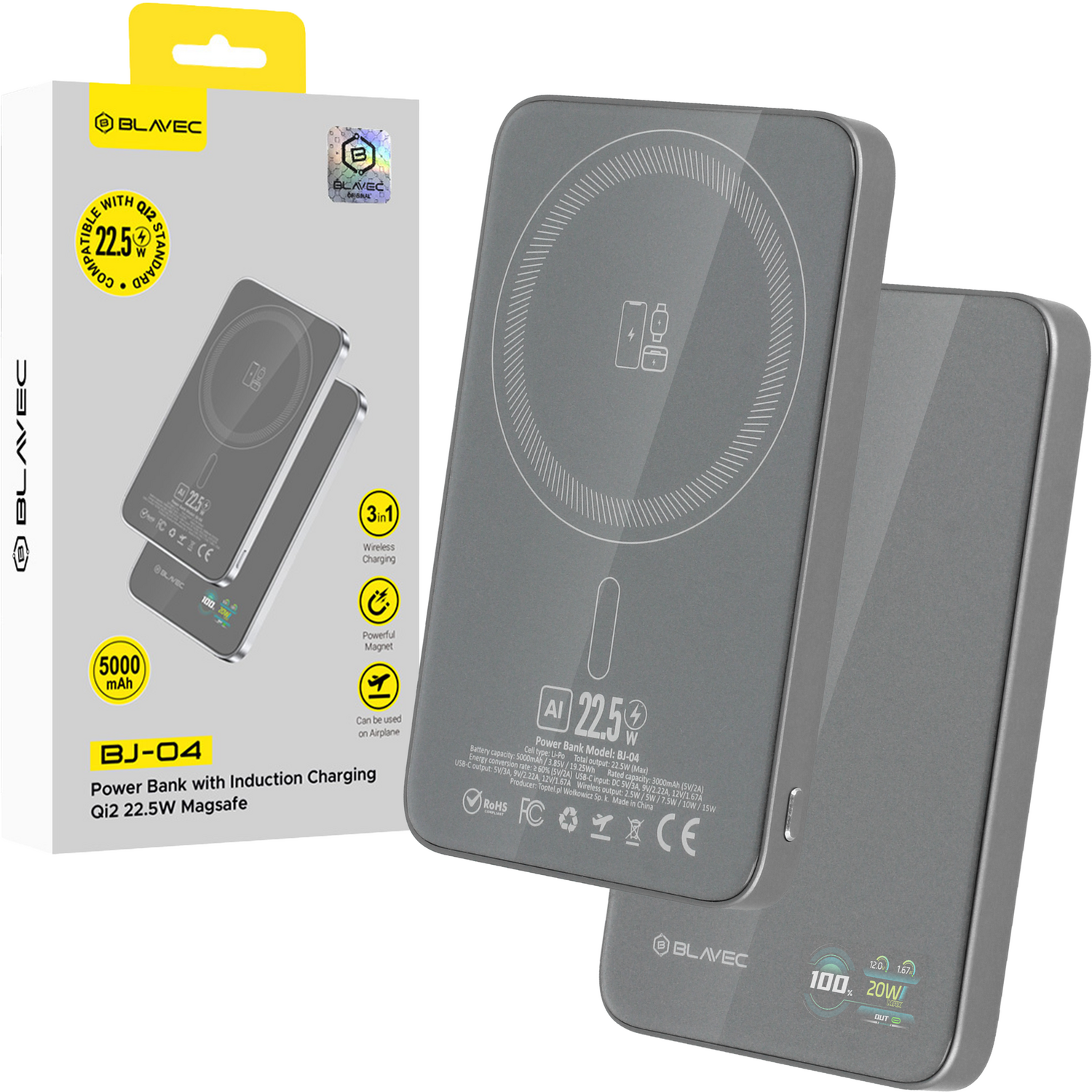 Blavec Power Bank 5000mAh BJ-04 Ultra Slim 7,8mm - Type C - 22,5W mágneses Magsafe 3 az 1-ben (PBBJ04-MC5G) szürke-0