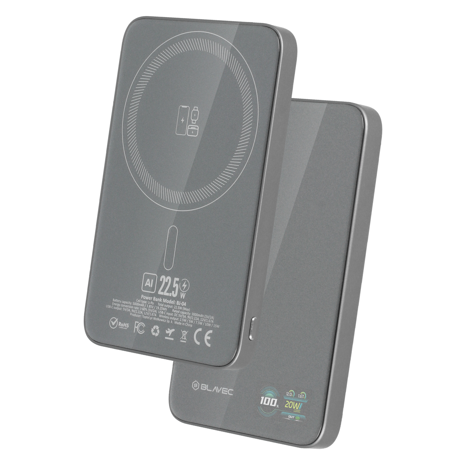 Blavec Power Bank 5000mAh BJ-04 Ultra Slim 7,8mm - Type C - 22,5W mágneses Magsafe 3 az 1-ben (PBBJ04-MC5G) szürke-1