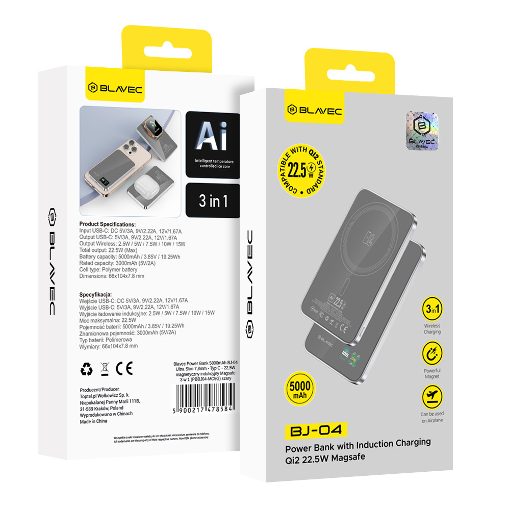 Blavec Power Bank 5000mAh BJ-04 Ultra Slim 7,8mm - Type C - 22,5W mágneses Magsafe 3 az 1-ben (PBBJ04-MC5G) szürke-6