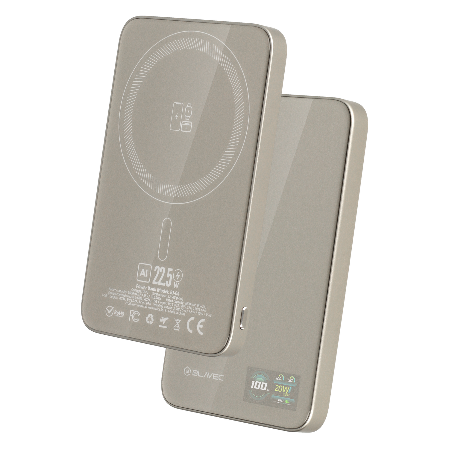 Blavec Power Bank 5000mAh BJ-04 Ultra Slim 7,8mm - Type C - 22,5W mágneses Magsafe 3 az 1-ben (PBBJ04-MC5GD) arany-1