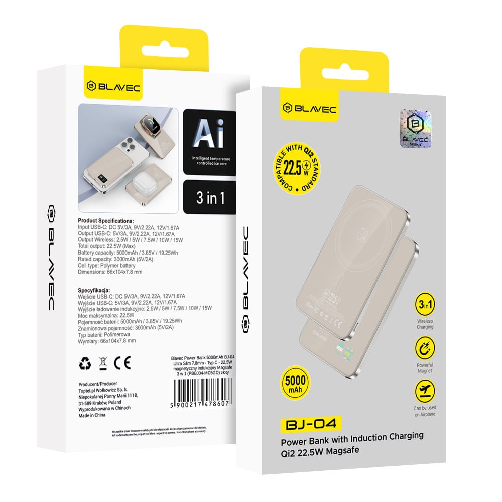 Blavec Power Bank 5000mAh BJ-04 Ultra Slim 7,8mm - Type C - 22,5W mágneses Magsafe 3 az 1-ben (PBBJ04-MC5GD) arany-6