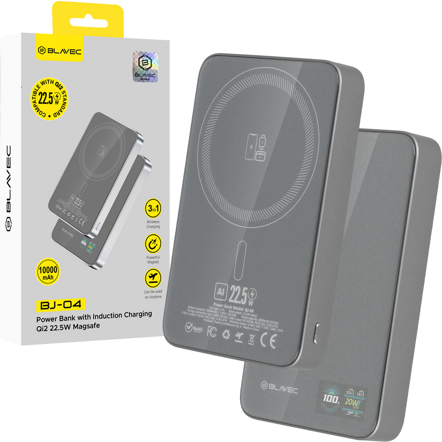 Blavec Power Bank 10000mAh BJ-04 Slim 13,5mm - Type C - 22,5W mágneses Magsafe 3 az 1-ben (PBBJ04-MC10G) szürke-0