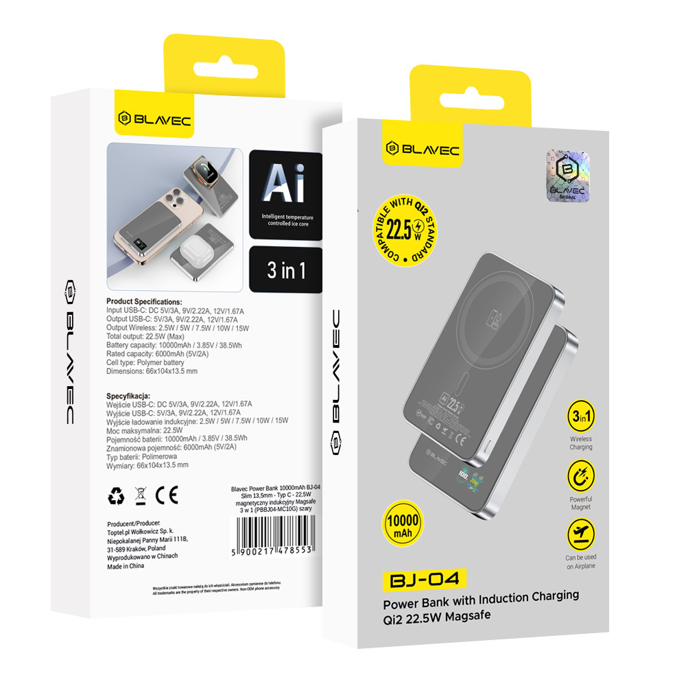 Blavec Power Bank 10000mAh BJ-04 Slim 13,5mm - Type C - 22,5W mágneses Magsafe 3 az 1-ben (PBBJ04-MC10G) szürke-6