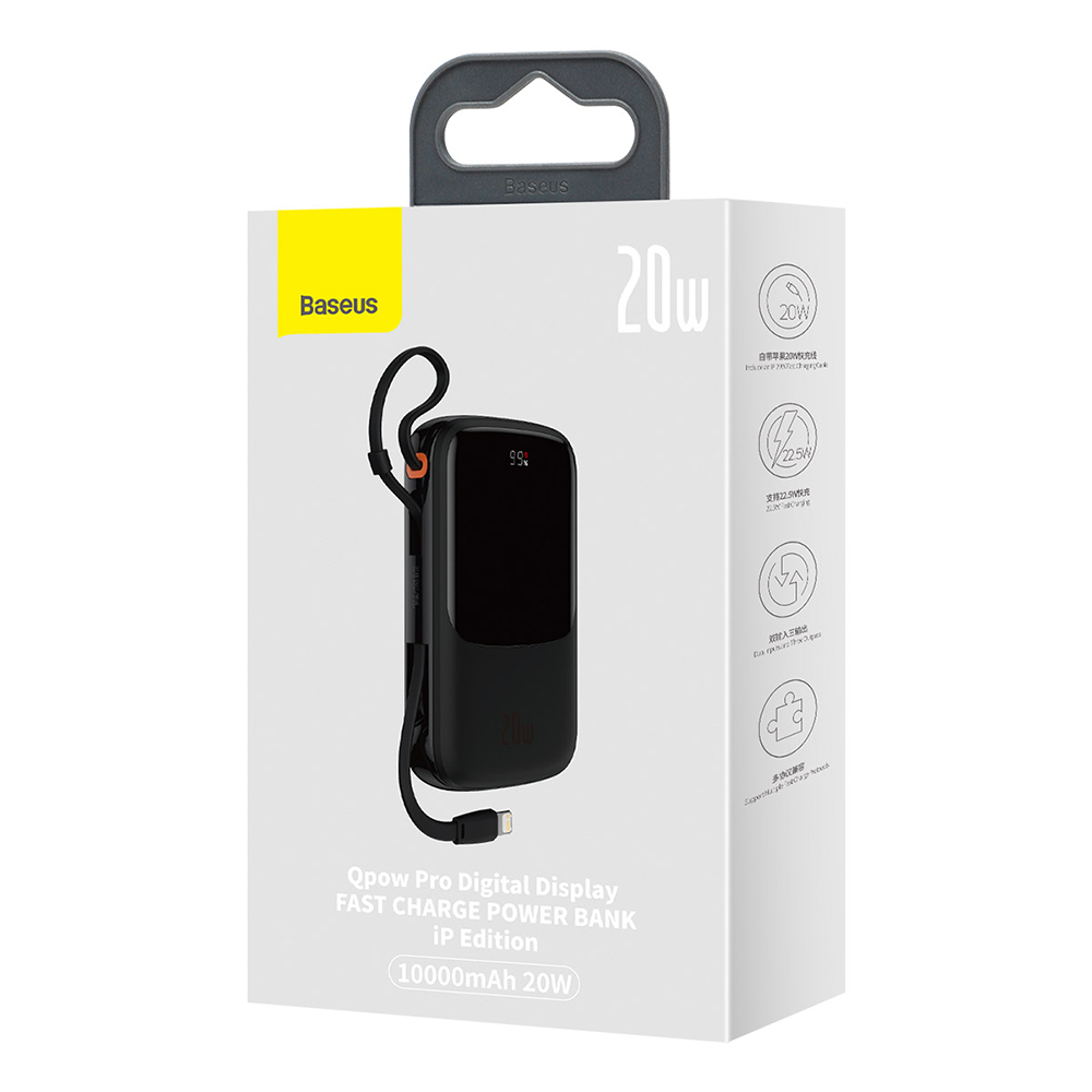 Baseus - Power Bank Qpow Pro (PPQD020001) - 2x Lightning, Type-C, USB, 20W, 10000mAh, Type-C kábel, 3A - Fekete-6