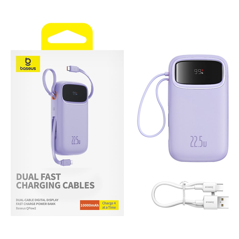Baseus - Power Bank Qpow Pro+ (P10055003513-00) - Lightning, 2x Type-C, USB, 22.5W, 10000mAh, Type-C kábel, 30cm - Lila-6