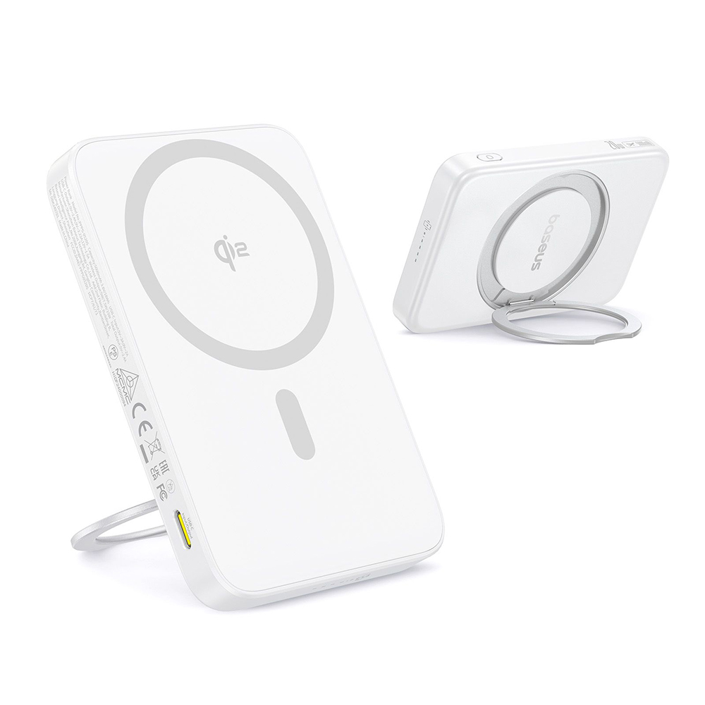 Baseus - PicoGo Magsafe Power Bank (P10076800213-01) - Type-C, Qi2, Gyors töltés, 20W, 5000mAh, Forgatható állvány, Type-C kábel - Fehér-7