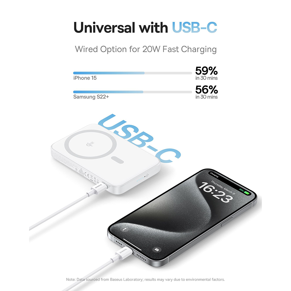 Baseus - PicoGo Magsafe Power Bank (P10076800213-01) - Type-C, Qi2, Gyors töltés, 20W, 5000mAh, Forgatható állvány, Type-C kábel - Fehér-4