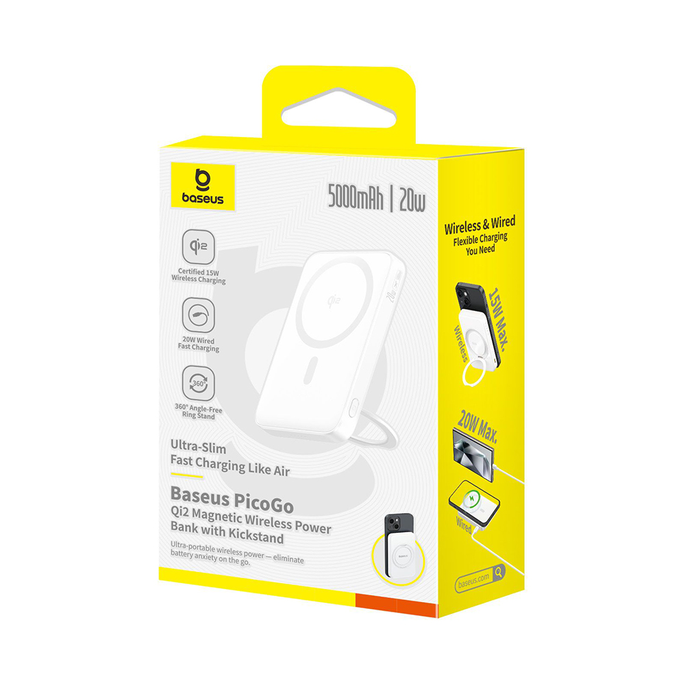 Baseus - PicoGo Magsafe Power Bank (P10076800213-01) - Type-C, Qi2, Gyors töltés, 20W, 5000mAh, Forgatható állvány, Type-C kábel - Fehér-9