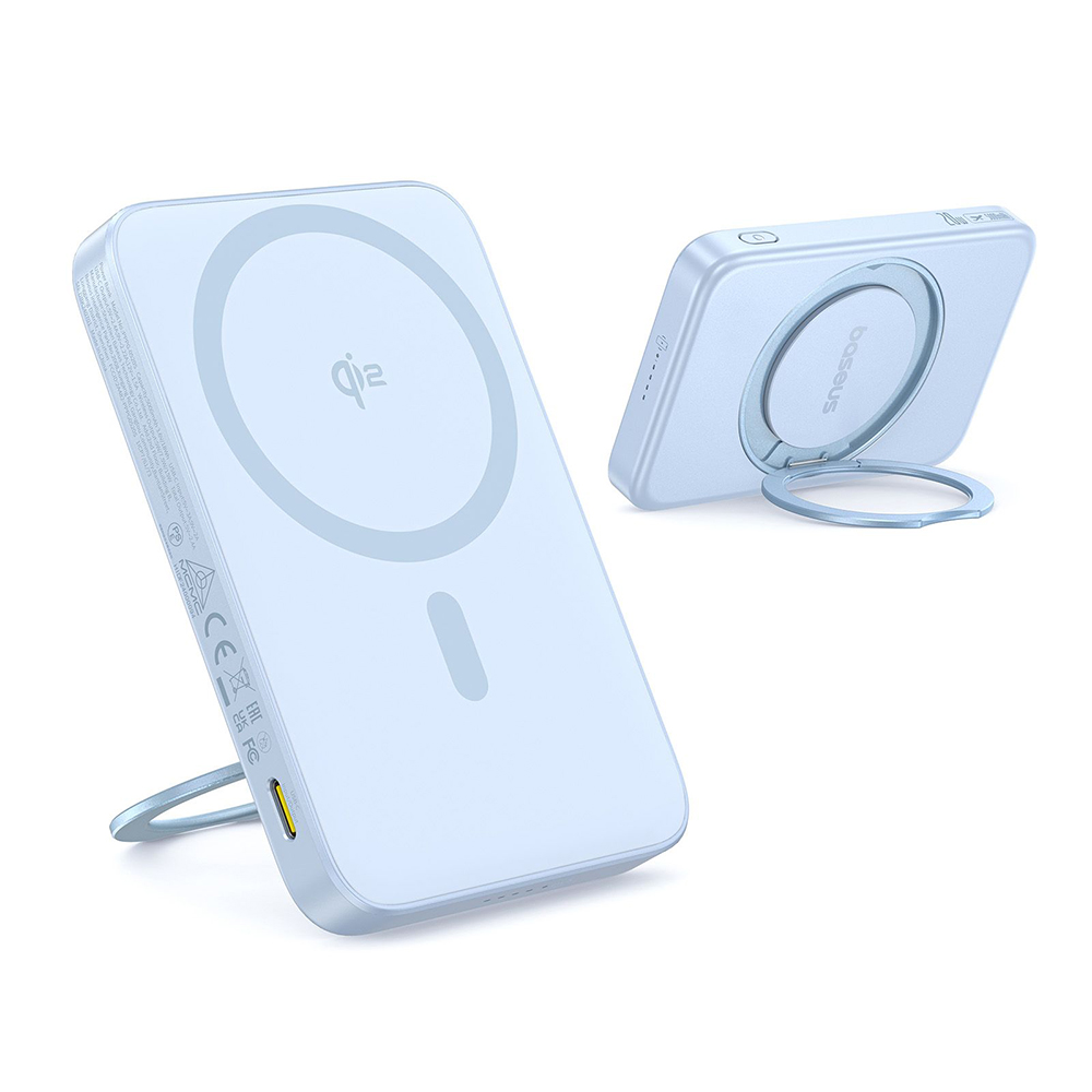 Baseus - PicoGo Magsafe Power Bank (P10076800313-00) - Type-C, Qi2, Gyors töltés, 20W, 5000mAh, Forgatható állvány, Type-C kábel - Kék-7