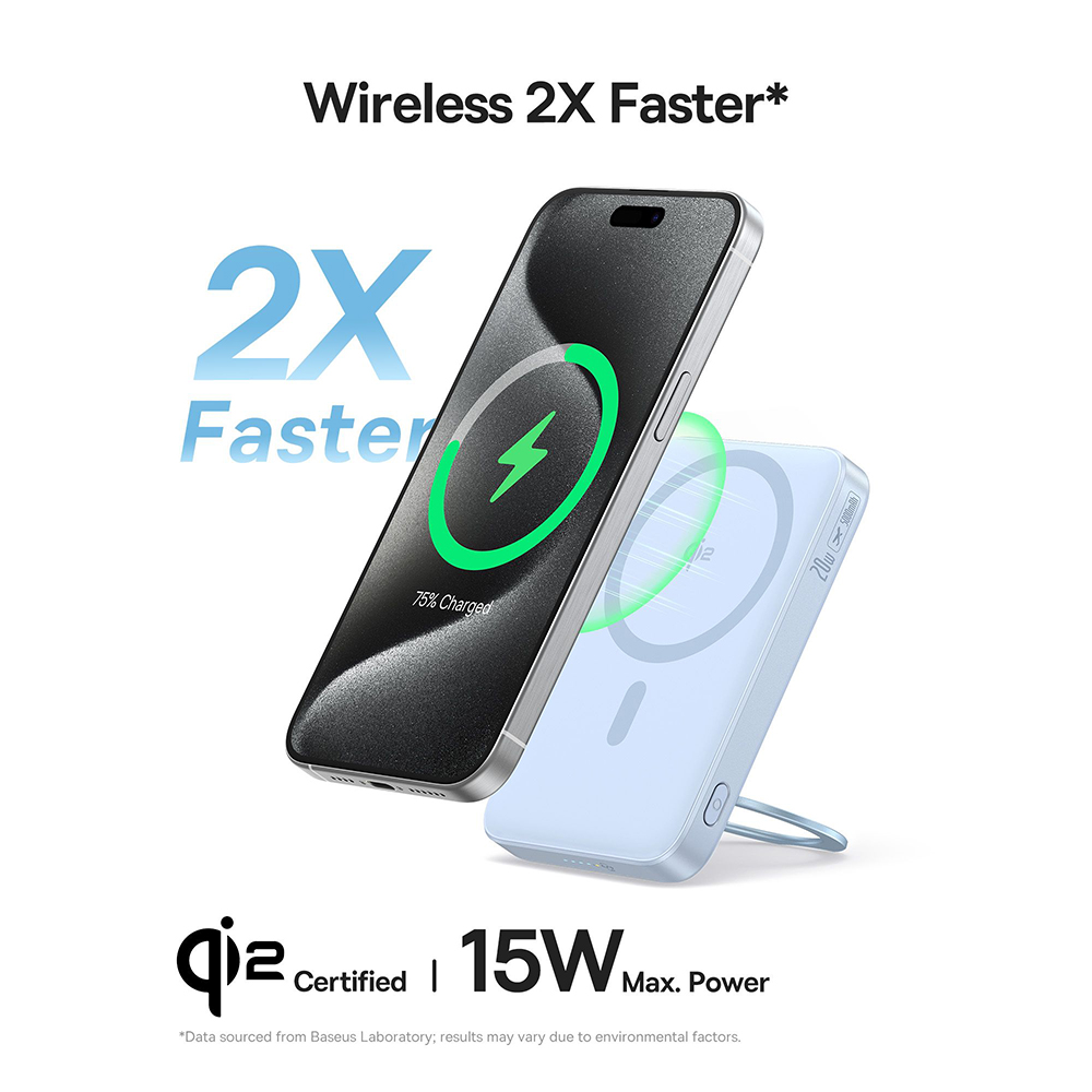 Baseus - PicoGo Magsafe Power Bank (P10076800313-00) - Type-C, Qi2, Gyors töltés, 20W, 5000mAh, Forgatható állvány, Type-C kábel - Kék-5