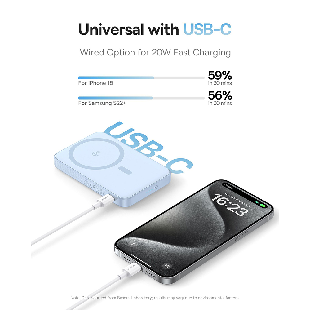 Baseus - PicoGo Magsafe Power Bank (P10076800313-00) - Type-C, Qi2, Gyors töltés, 20W, 5000mAh, Forgatható állvány, Type-C kábel - Kék-1