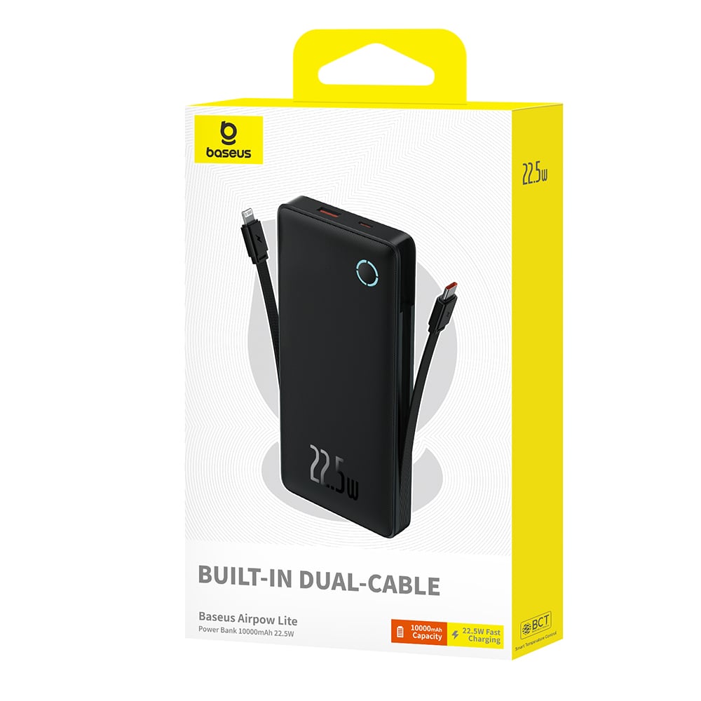 Baseus - Airpow Air Lite Power Bank (P10067501123-00) - USB, Type-C, Kettős kábel USB-C, Lightning, 22,5W, 10000mAh - Fekete-6