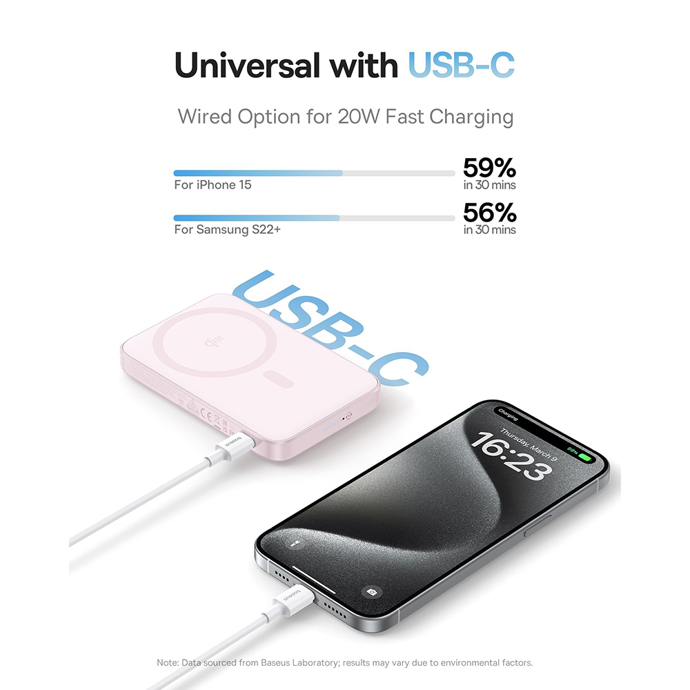 Baseus - PicoGo Magsafe Power Bank (P10076800413-00) - Type-C, Qi2, Gyors Töltés, 20W, 5000mAh, Forgatható Állvány, Type-C Kábel - Rózsaszín-4