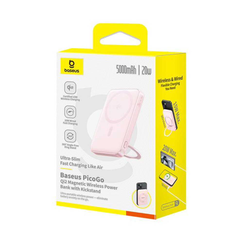 Baseus - PicoGo Magsafe Power Bank (P10076800413-00) - Type-C, Qi2, Gyors Töltés, 20W, 5000mAh, Forgatható Állvány, Type-C Kábel - Rózsaszín-9
