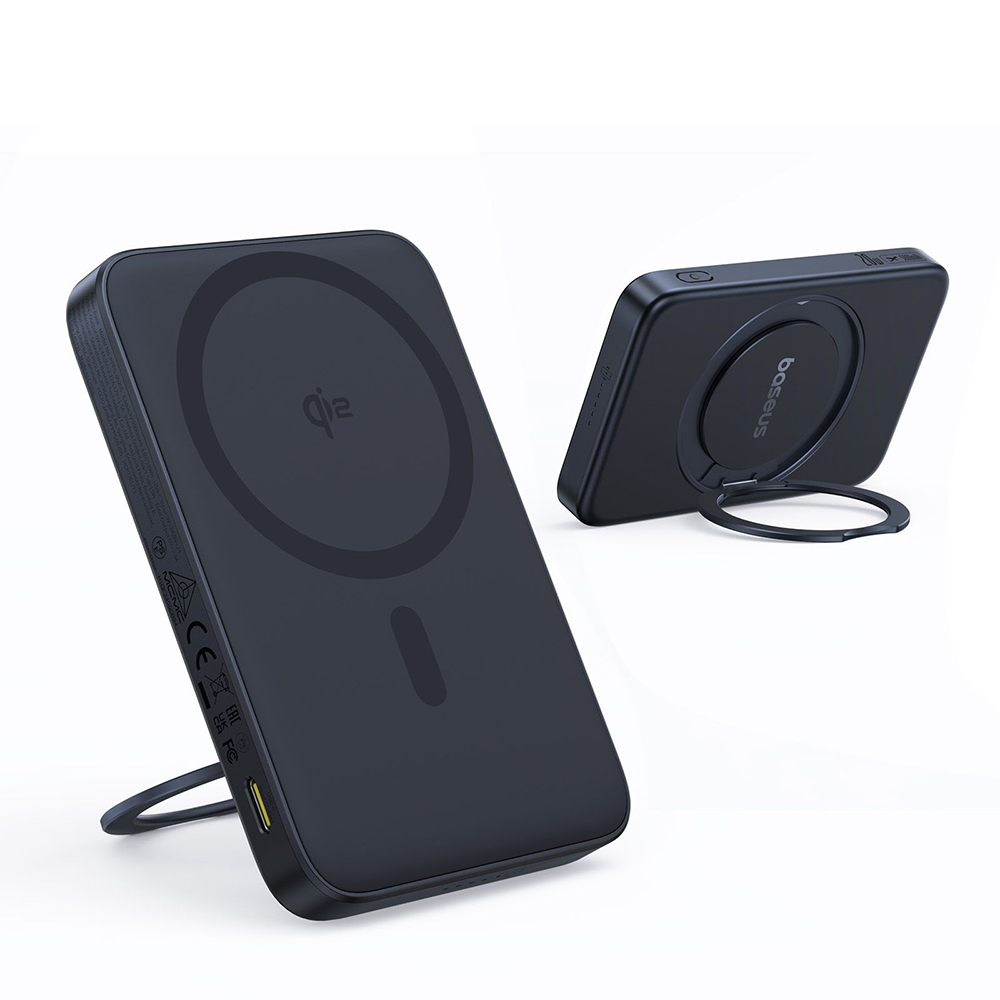 Baseus - PicoGo Magsafe Power Bank (P10076802123-00) - Type-C, Qi2, Gyors töltés, 20W, 5000mAh, Forgatható állvány, USB-C kábel - Fekete-2