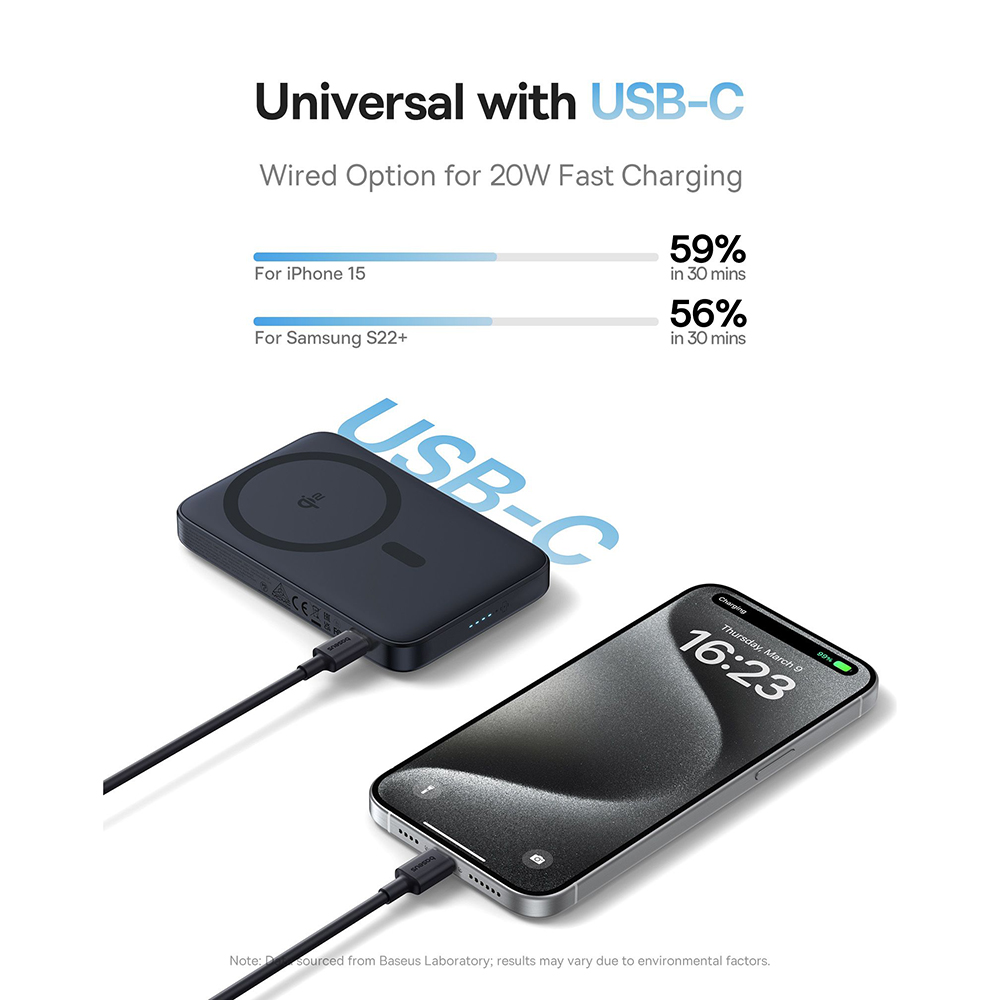Baseus - PicoGo Magsafe Power Bank (P10076802123-00) - Type-C, Qi2, Gyors töltés, 20W, 5000mAh, Forgatható állvány, USB-C kábel - Fekete-3