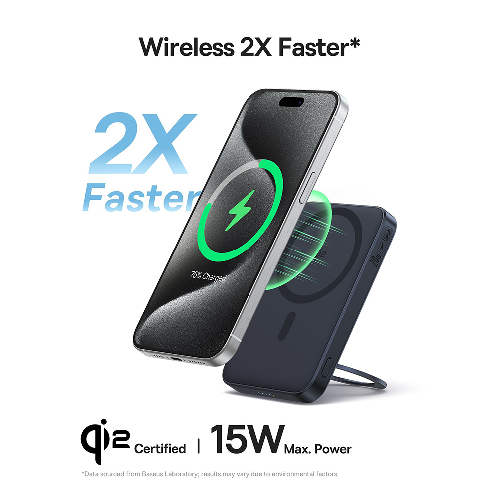 Baseus - PicoGo Magsafe Power Bank (P10076802123-00) - Type-C, Qi2, Gyors töltés, 20W, 5000mAh, Forgatható állvány, USB-C kábel - Fekete-4