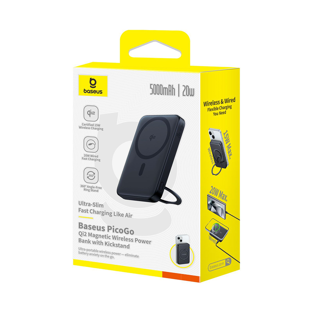 Baseus - PicoGo Magsafe Power Bank (P10076802123-00) - Type-C, Qi2, Gyors töltés, 20W, 5000mAh, Forgatható állvány, USB-C kábel - Fekete-6