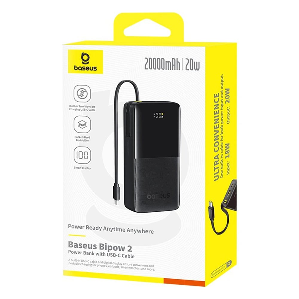 Baseus - Bipow 2 Power Bank (P10077101113-01) - Beépített USB-C kábel, Type-C, USB, Intelligens kijelző, 20000mAh, 20W - Fekete-5