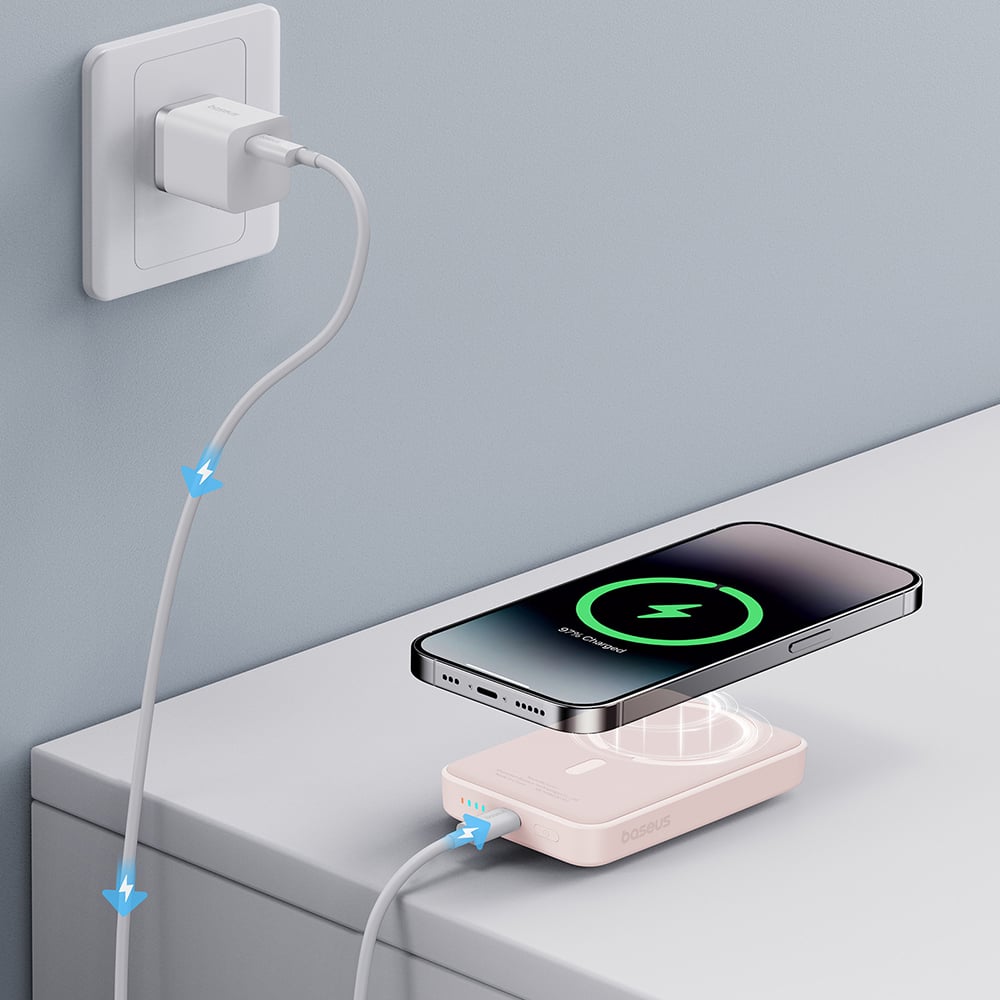 Baseus - Mini Air Power Bank (P10059001413-00) - Type-C, MagSafe töltés, 20W, 10000mAh, Type-C kábellel, 30cm - Rózsaszín-5