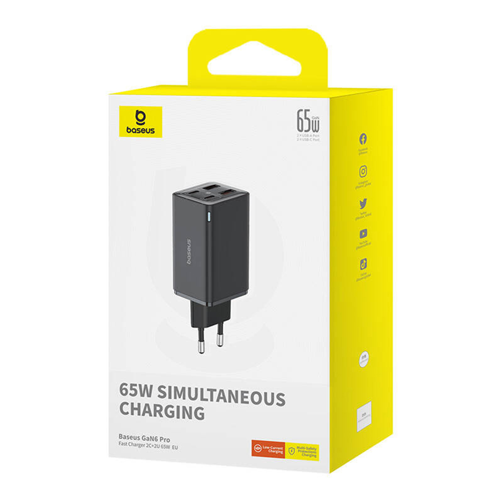 Baseus - Fali töltő GaN (P10162701113-00) - 2x USB, 2x Type-C, 65W, kábel Type-C to Type-C - Fekete-4