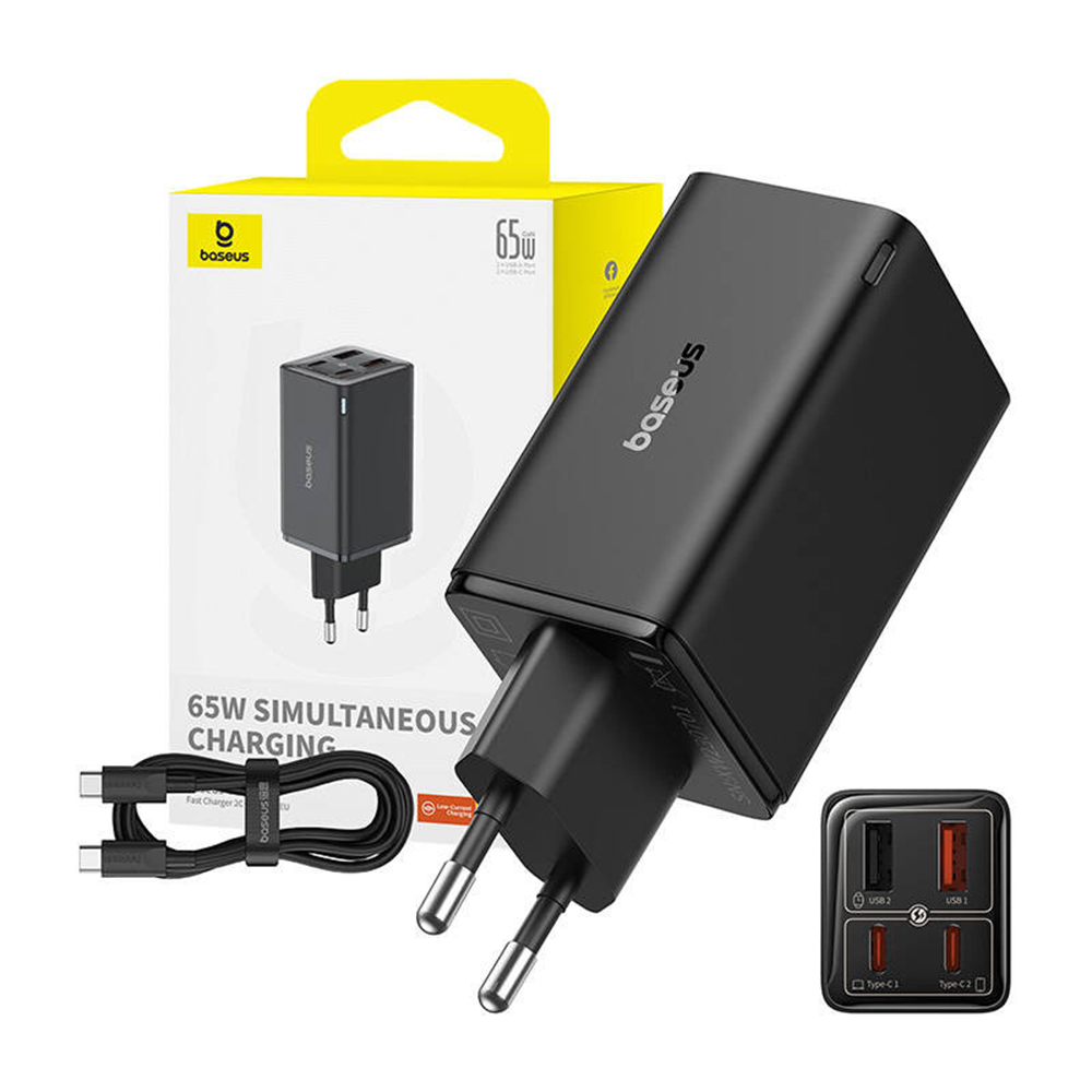 Baseus - Fali töltő GaN (P10162701113-00) - 2x USB, 2x Type-C, 65W, kábel Type-C to Type-C - Fekete-5