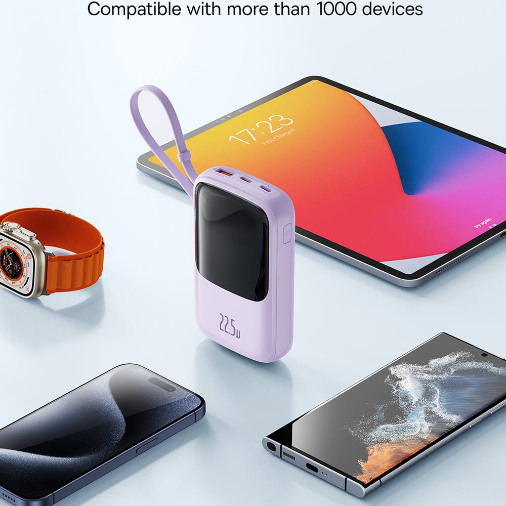Baseus - Qpow Pro+ (P10067101513-00) - Hordozható töltő, Lightning, 2x Type-C, USB, 22,5W, 10000mAh, Type-C kábel - Lila-2