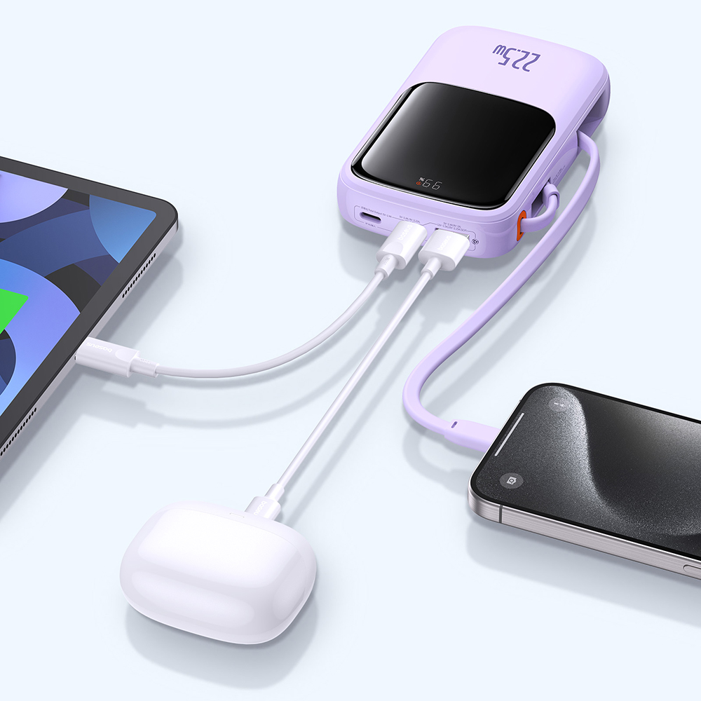Baseus - Qpow Pro+ (P10067101513-00) - Hordozható töltő, Lightning, 2x Type-C, USB, 22,5W, 10000mAh, Type-C kábel - Lila-3