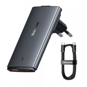 Baseus - Fali Töltő (CCGP150113) - GaN5 Pro Lapos Kialakítás, USB, Type-C, UE és UK Csatlakozóval, Type-C Kábel - Szürke