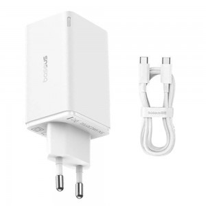 Baseus - Fali töltő GaN (P10162701213-00) - 2x USB, 2x Type-C, 65W, Type-C to Type-C kábellel - Fehér