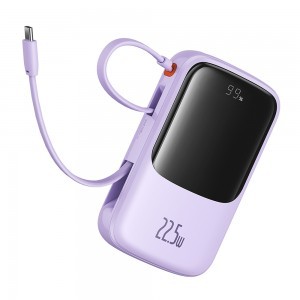 Baseus - Qpow Pro+ (P10067101513-00) - Hordozható töltő, Lightning, 2x Type-C, USB, 22,5W, 10000mAh, Type-C kábel - Lila