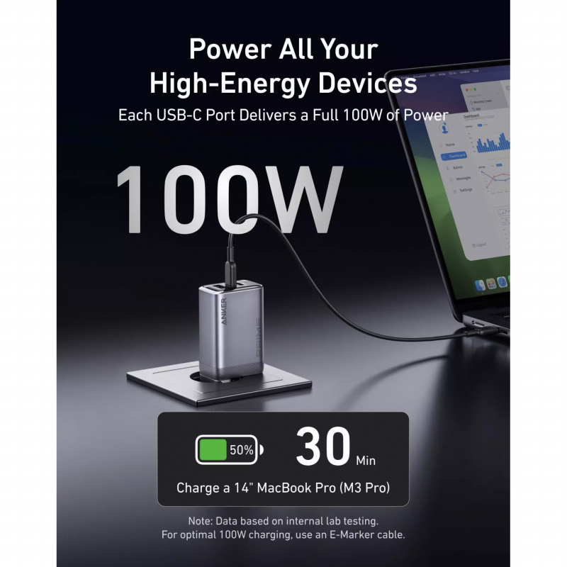 Anker Prime, 100W, 3A, 1 x USB-A - 2 x USB-C, Szürke A2688341-2