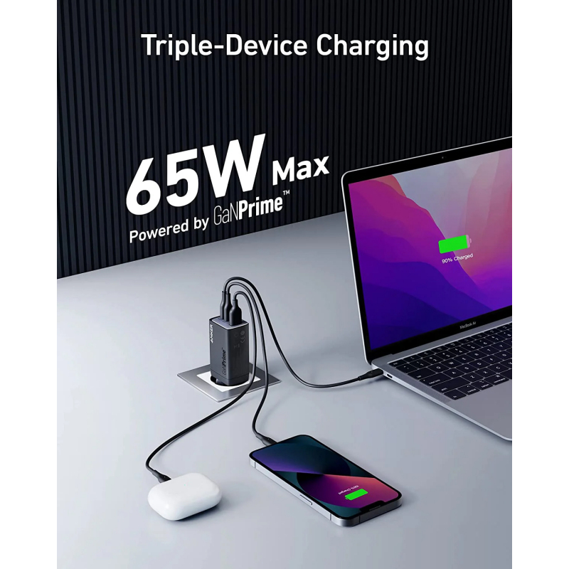 Fali töltő Anker 735 GaNPrime III, 65W, 3A, 1 x USB-A - 2 x USB-C, Fekete A2668311-3