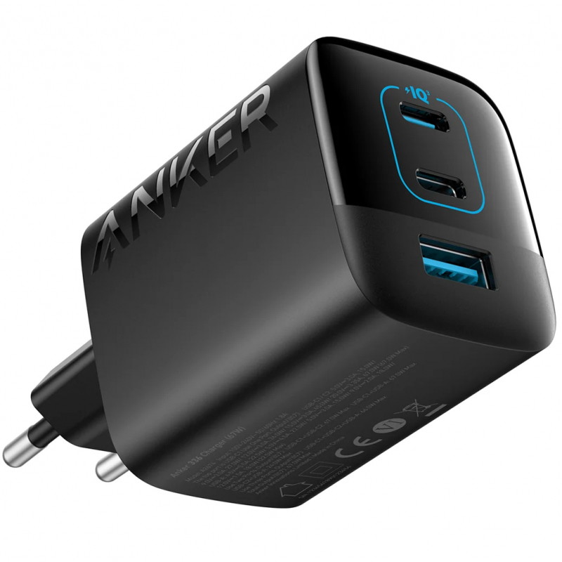 Hálózati töltő Anker 336, 67W, 3.25A, 1 x USB-A - 2 x USB-C, Fekete A2674G11-0