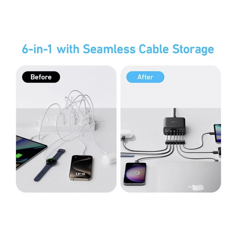 Asztali Töltő Anker, 112W, 3A, 3 x USB-A - 3 x USB-C, Fekete A2154G11-2