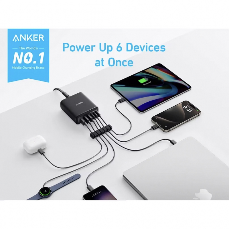 Asztali Töltő Anker, 112W, 3A, 3 x USB-A - 3 x USB-C, Fekete A2154G11-3