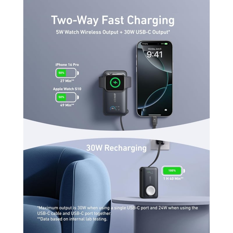 Powerbank Anker MagGo, 10000mAh, 35W, PD + QI, Fekete A1657011-2