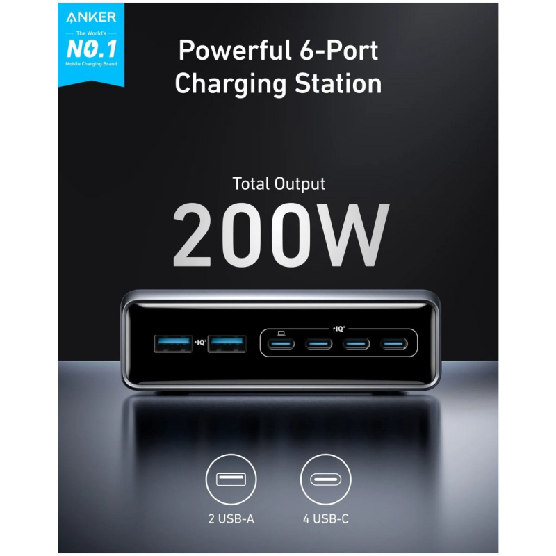 Anker Prime asztali töltő, 200W, 3A, 2 x USB-A - 4 x USB-C, Fekete (A2683341)-1