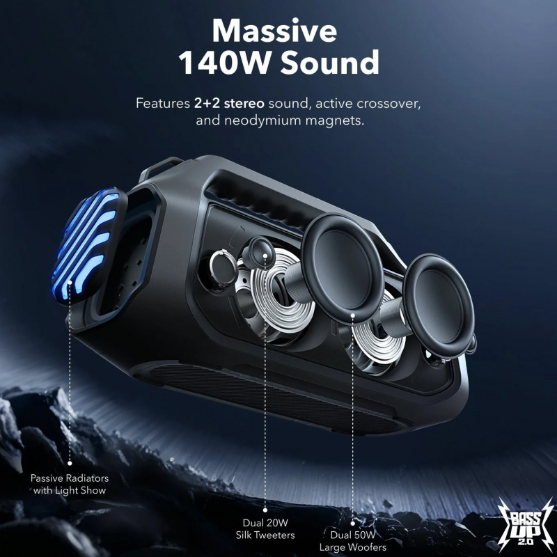 Anker Soundcore Boom 2 Plus Bluetooth Hangszóró, 140W, TWS, RGB, Vízálló, Fekete A3134011-5
