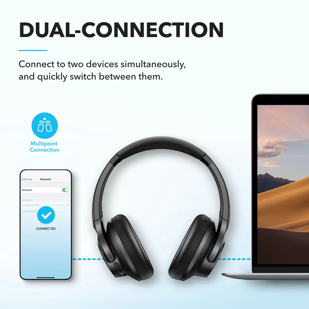 Anker - Vezeték nélküli fejhallgató Life Q20i (A3004G11) - Bluetooth, hibrid aktív zajszűrés, kettős csatlakozás - Fekete-6