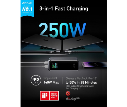 Powerbank Anker Prime, 27650mAh, 250W, QC + PD, Fekete A1340011-1