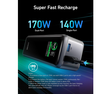 Powerbank Anker Prime, 27650mAh, 250W, QC + PD, Fekete A1340011-5