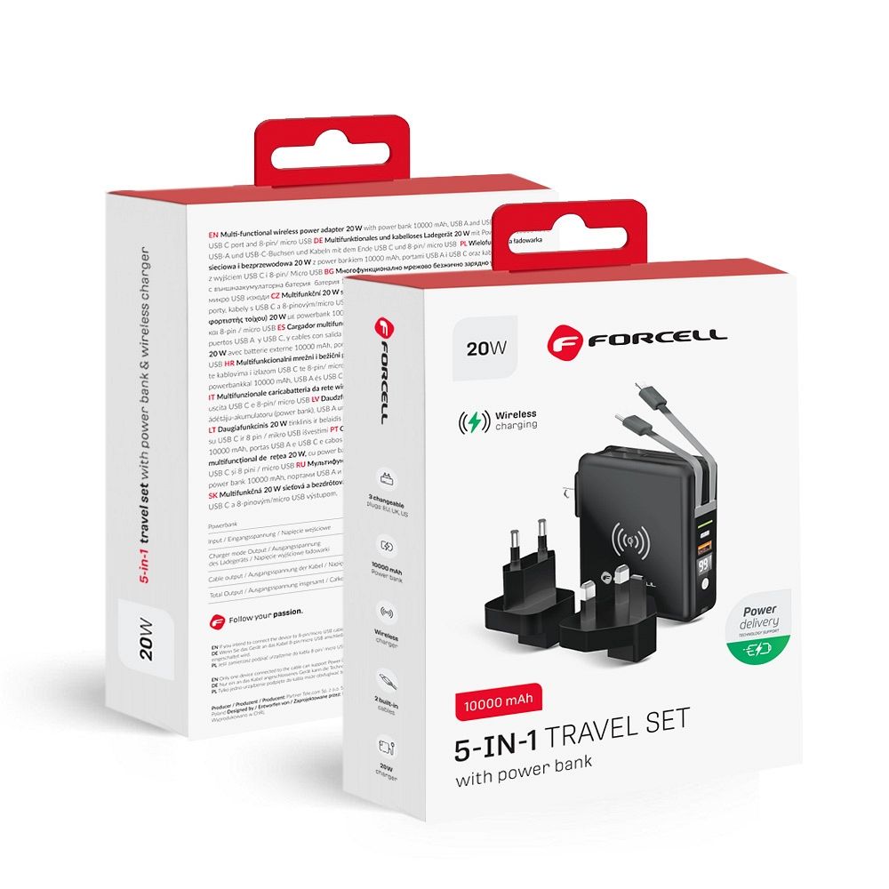 FORCELL F-ENERGY multifunkcionális töltő 20W 5 az 1-ben USB-C/villám kábellel, 10000mAh power bankkal és vezeték nélküli töltéssel 15W-0