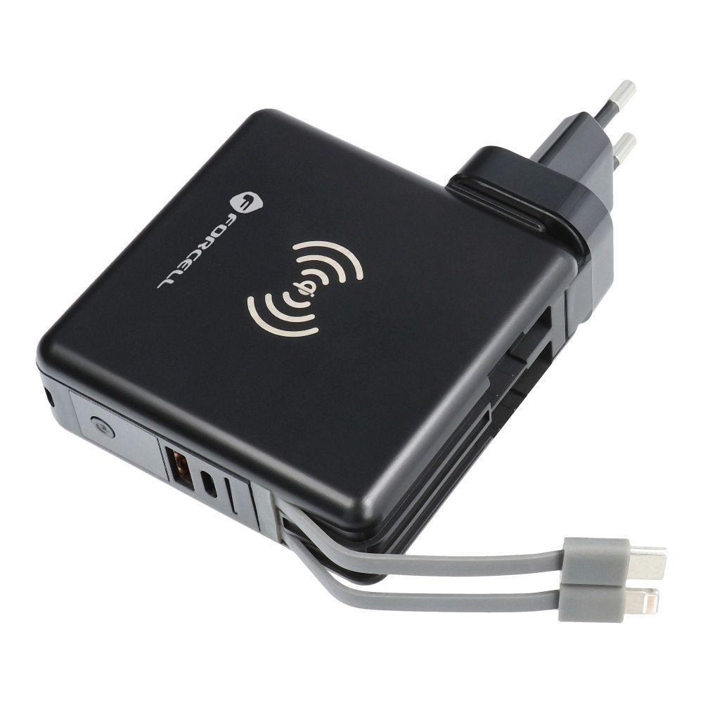 FORCELL F-ENERGY multifunkcionális töltő 20W 5 az 1-ben USB-C/villám kábellel, 10000mAh power bankkal és vezeték nélküli töltéssel 15W-16