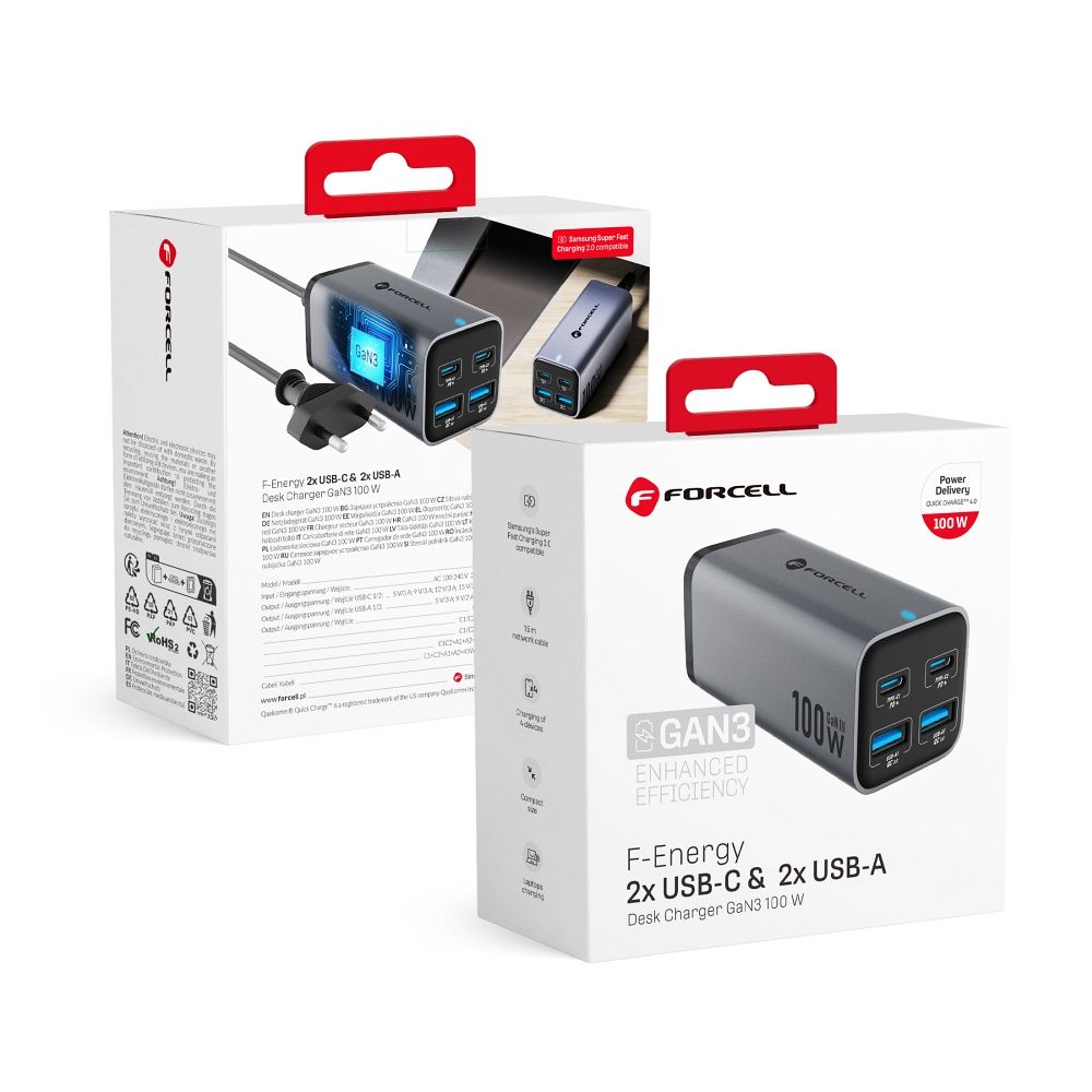 FORCELL F-ENERGY GaN III VT-51 asztali töltő 2 x Type C + 2 x USB A PD QC4.0 SFC2.0 5A 100W szürke-0